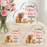 Gepersonaliseerd Onze Eerste Moederdag Schattige Hooglandse Koe Hartvormige Acrylplaat met Naam Bureaudecor Moederdag Verjaardagscadeau voor Mama