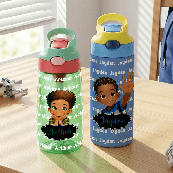 Botella de agua personalizada para niño negro con nombre y pajita de silicona Regalo de cumpleaños al aire libre Vuelta al cole para niño negro