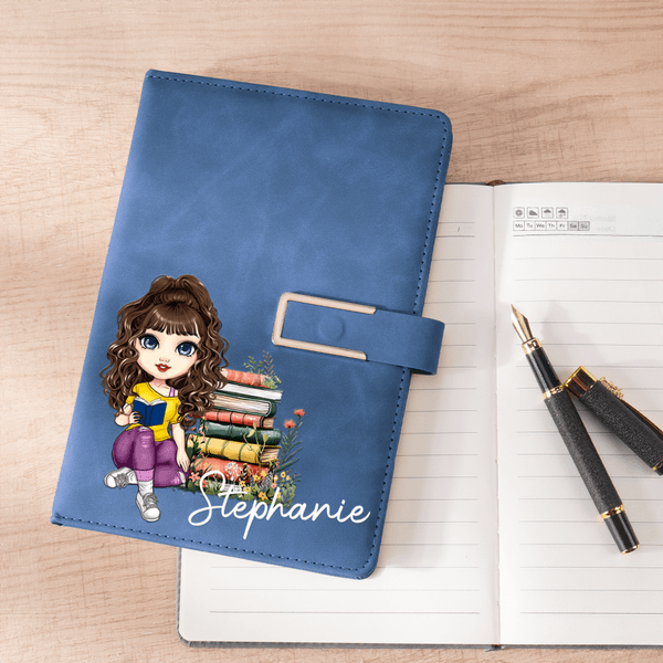 Personalized Cartoon Reading Character Name PU Leather A5 Notebook with Pen Loop Daily Office Use Birthday Gift for Bookworms Book Lovers