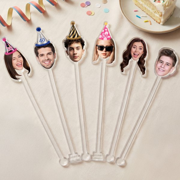 Personalized Birthday Hat Face Photo Acrylic Cocktail Stick Drink Stirrer with Age Birthday Party Decor Gift for Friends