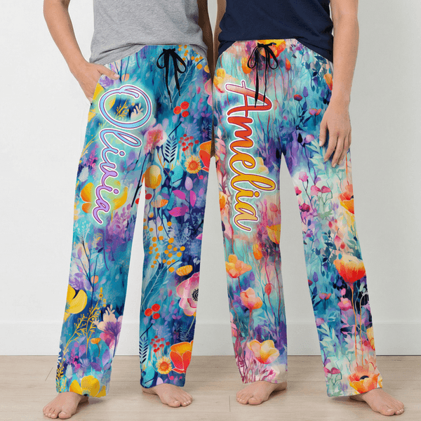 Personalized Watercolor Floral Style Woman Drawstring Pajama Pants with Colorful Name Daily Wear Birthday Gift for Women Friends