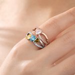 Personalised 1-6 Birthstones Sterling Silver Ring with Text Dainty Jewellery Anniversary Birthday Mother's Day Gift for Women