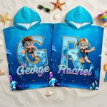 Personalized Cartoon Diving Character Initial Soft Hooded Beach Towel with Name Summer Vacation Beach Pool Party Birthday Gift for Boys Girls