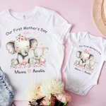 Gepersonaliseerd Bloemen- Hart- en Olifantenmotief 100% Katoen Babyrompertje of T-shirt met Naam Eerste Moederdag- of Verjaardagscadeau voor Mama Baby