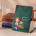 Personalized Cartoon Reading Character Name PU Leather A5 Notebook with Pen Loop Daily Office Use Birthday Gift for Bookworms Book Lovers
