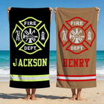 Personalised Firefighting Element Oversized Quick Dry Beach Towel with Name Beach Travel Essentials Father's Day Birthday Gift for Firefighter Dad