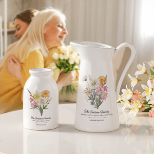 Personalised 1-6 Birth Flowers Ceramic Flower Vase with Names Text and Title Mother's Day Birthday Gift for Grandma Mom