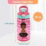 Personalised Cute Black Boy Kid Water Bottle with Name and Silicone Straw Outdoors Birthday Back to School Gift for Black Boy