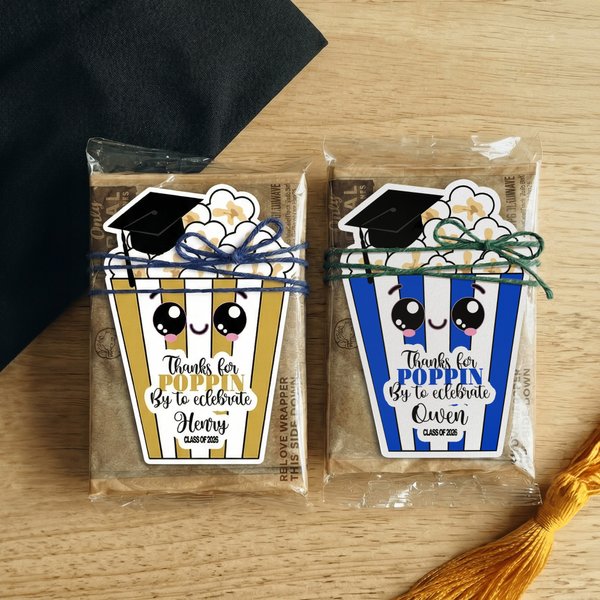 Personalised Thanks for Poppin By to Celebrate Popcorn Stickers Labels with Name Graduation Party Favor for Graduates Friends