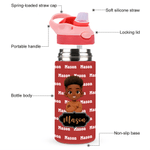 Personalised Cute Black Boy Kid Water Bottle with Name and Silicone Straw Outdoors Birthday Back to School Gift for Black Boy