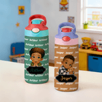 Personalised Cute Black Boy Kid Water Bottle with Name and Silicone Straw Outdoors Birthday Back to School Gift for Black Boy