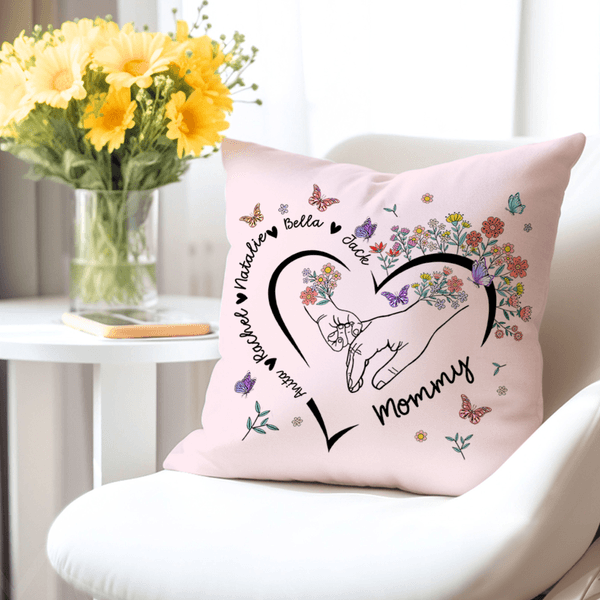 Personalizzato Cuore contorno mano a mano floreale morbido cuscino di copertura con nome Home Decor Festa della mamma regalo di compleanno per la mamma proprietario di animali domestici