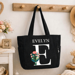 Personalised Multi-Colour Birth Flower Corduroy Tote Bag with Name and Initial Daily Use Birthday Gift for Girlfriend Mom