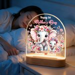Personalized Cute Floral Mom-Baby Elephant Arched LED Night Light with Name and Wooden Base Home Decor 1st Mother's Day Gift for Mother Baby