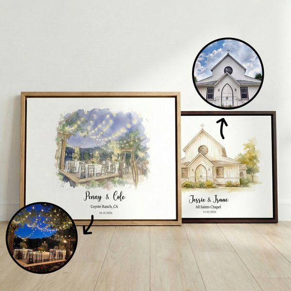Personalised Watercolor Wedding Venue Portrait Canvas Prints  with Name and Date Home Decor Ship from USA Anniversary Wedding Gift for Couple