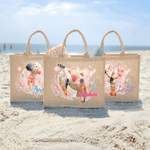 Bolsa de yute grande con nombre Accesorios de viaje Fiesta en la playa Regalo de cumpleaños personalizado Tortuga marina de acuarela Animales del océano para mujer