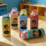 Personalised Cute Black Boy Kid Water Bottle with Name and Silicone Straw Outdoors Birthday Back to School Gift for Black Boy