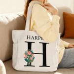 Personalised Multi-Colour Birth Flower Corduroy Tote Bag with Name and Initial Daily Use Birthday Gift for Girlfriend Mom