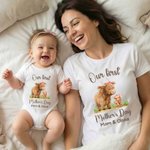 Personalized Cute Highland Cow Our First Mother's Day 100% Cotton T-shirt Baby Bodysuit with Name Birthday Mother's Day Gift for Baby Mother