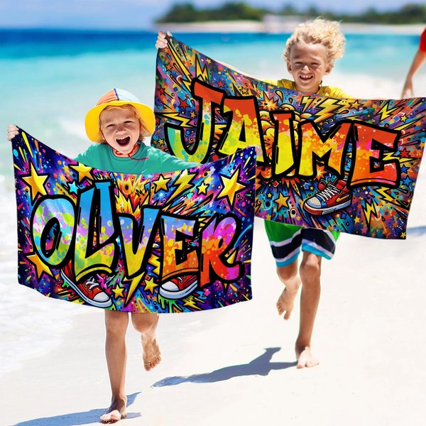 Toalla de playa personalizada de secado rápido con graffiti de estrella de deporte y nombre regalo de fiesta y cumpleaños para niños y familia