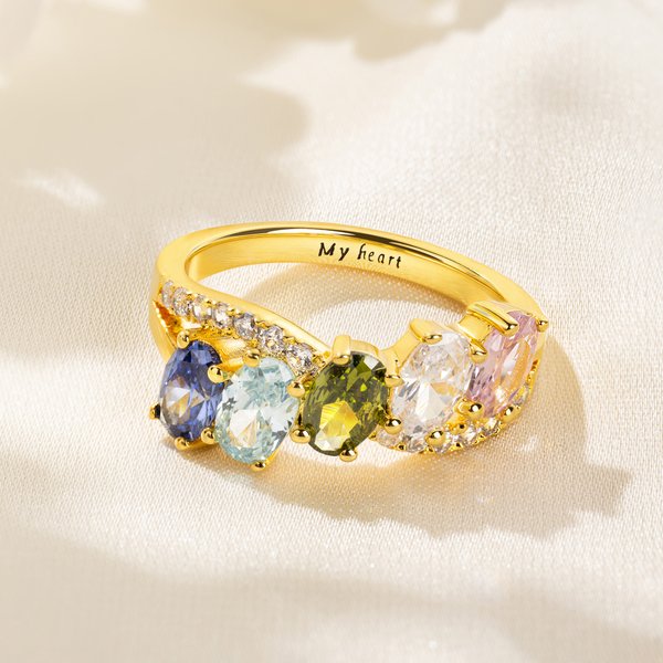 Personalised 1-6 Birthstones Sterling Silver Ring with Text Dainty Jewellery Anniversary Birthday Mother's Day Gift for Women