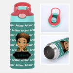 Personalised Cute Black Boy Kid Water Bottle with Name and Silicone Straw Outdoors Birthday Back to School Gift for Black Boy