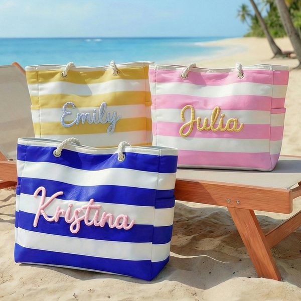 Personalized Multicolor Striped Beach Bag with Embroidered Name Birthday Mother's Day Gift for Her