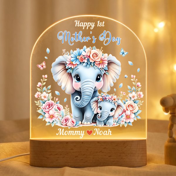 Personalized Cute Floral Mom-Baby Elephant Arched LED Night Light with Name and Wooden Base Home Decor 1st Mother's Day Gift for Mother Baby