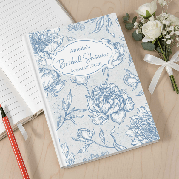 Personalised Blue Vintage Floral A5 Notebook with Name Date and 200 Lined Pages Bridal Shower Wedding Gift for Bride