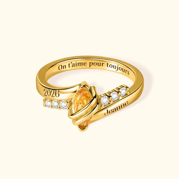 Bague personnalisée avec pierre de naissance olivaire et texte gravé - Cadeau d'anniversaire fête des Mères pour les femmes