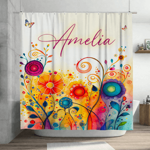Personalized Watercolour Flower Shower Curtain with Name and 12 Hooks Bathroom Decor Birthday Housewarming Gift for Family Friend