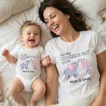 Personalized Cartoon Elephant Mom Kid 100% Cotton Baby Bodysuit T-shirt with Names Matching Outfit First Mother's Day Gift for Newborn New Mom
