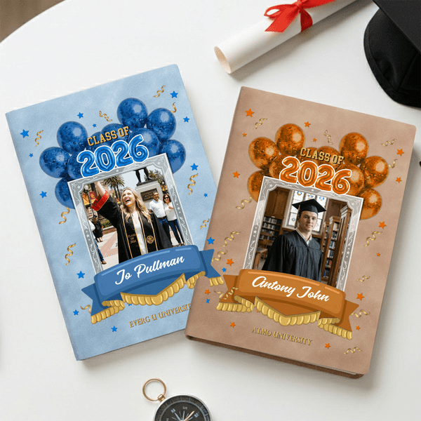 Personalised Star Balloon Graduation Photo PU Leather Notebook with School Name and Name Graduation Ceremony Gift for Class of 2026 Graduates