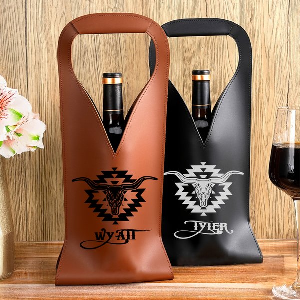 Spersonalizowana skórzana torba na wino Western Cow Skull Pattern PU z imiennym uchwytem na wino Akcesoria ślubne Prezent rocznicowy dla miłośnika wina