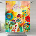 Personalized Watercolour Flower Shower Curtain with Name and 12 Hooks Bathroom Decor Birthday Housewarming Gift for Family Friend