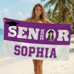 Personalised Graduation Photo Quick Dry Oversized Microfiber Beach Towel with Name Travel Essential Beach Party Gift for Class of 2026 Graduate