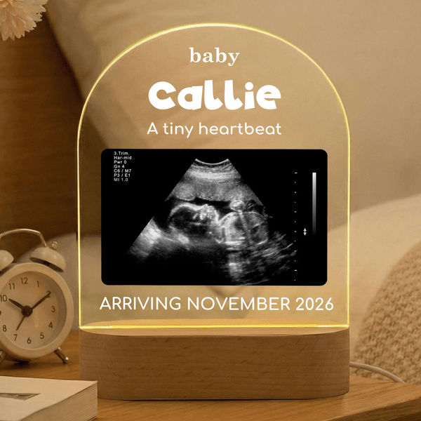 Personalized Pregnant Baby Ultrasound Photo Acrylic Night Light with Name and Wooden Base Birthday Mother's Day Gift for New Moms Expectant Father
