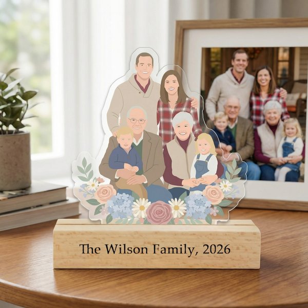 Personalized Flat Style Group Photo Portrait Acrylic Ornament with Bottom Text and Beech Wood Base Home Decor Mother's Day Gift for Mom Grandma