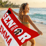 Personalised Graduation Photo Quick Dry Oversized Microfiber Beach Towel with Name Travel Essential Beach Party Gift for Class of 2026 Graduate