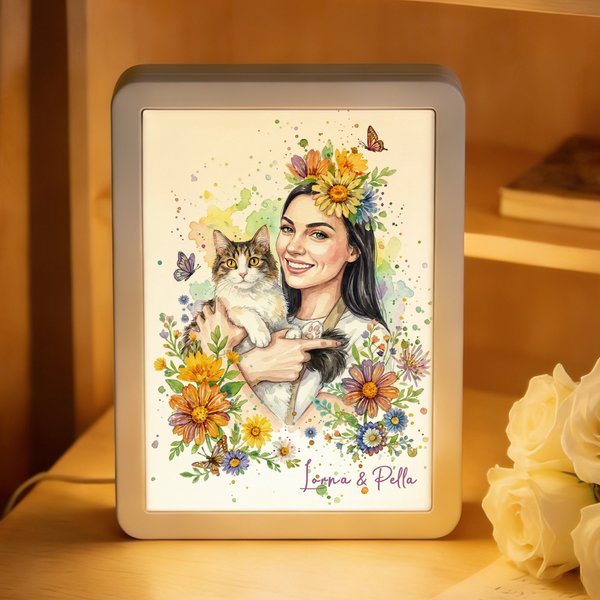 Personalised Watercolour Style Photo Mirror Photo Frame with Name and Changing Colour LED Birthday Memorial Gift for Pet Owners