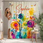 Personalized Watercolour Flower Shower Curtain with Name and 12 Hooks Bathroom Decor Birthday Housewarming Gift for Family Friend