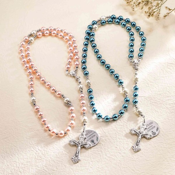 Chapelet en perles personnalisé avec nom et date sur la breloque - Cadeau de baptême première communion pour chrétiens