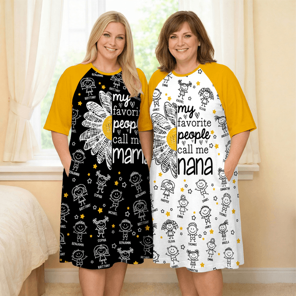 Personalisierte 1-16 Cartoon Line Art Kinder Nachthemd mit Namen und Seitentasche täglich tragen Muttertag Geburtstag Geschenk für Oma Mama