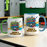 Personalisierte Street Style Soccer Club 11 oz 15 oz Keramik Becher Untersetzer mit Text und Name Game Day Geburtstag Geschenk für Fußball-Liebhaber