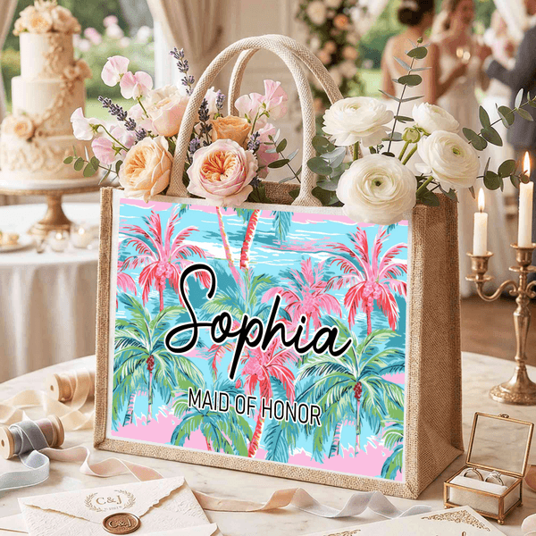 Personalized Colourful Hand-Drawn Palm Tree Large Capacity Jute Bag with Name and Text Daily Use Birthday Gift for Sister Friend