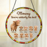 Personalized Cute Highland Cow Suncatcher Glass Ornament with Names Window Balcony Hanging Decor Mother's Day Gift for Mom