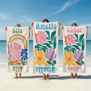 Personalisiertes Mehrfarbiges Blumen Strandtuch mit Namen Schnelltrocknend Übergroß Reisezubehör Geburtstag Sommer Urlaub Party Geschenk für Damen