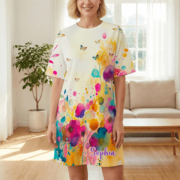 Personlig Vibrerande akvarell blommig mjuk överdimensionerad sovklänning med namn Daglig användning Födelsedagspresent till mamma mormor