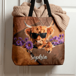 Personalized Highland Cow Birth Flower Large Capacity Tote Bag with Name Daily Use Birthday Gift for Highland Cow Lovers Cowgirls