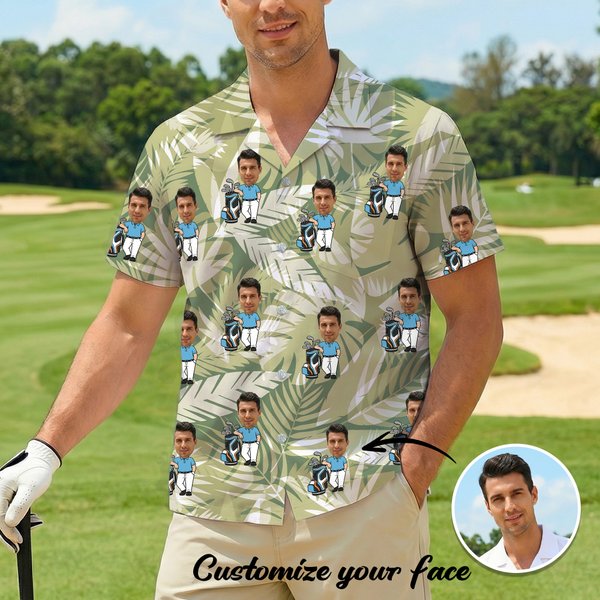 Personalized Face Photo Golf Elements Hawaiian Style Short-Sleeved Shirt Funny Birthday Anniversary Gift for Golf Players